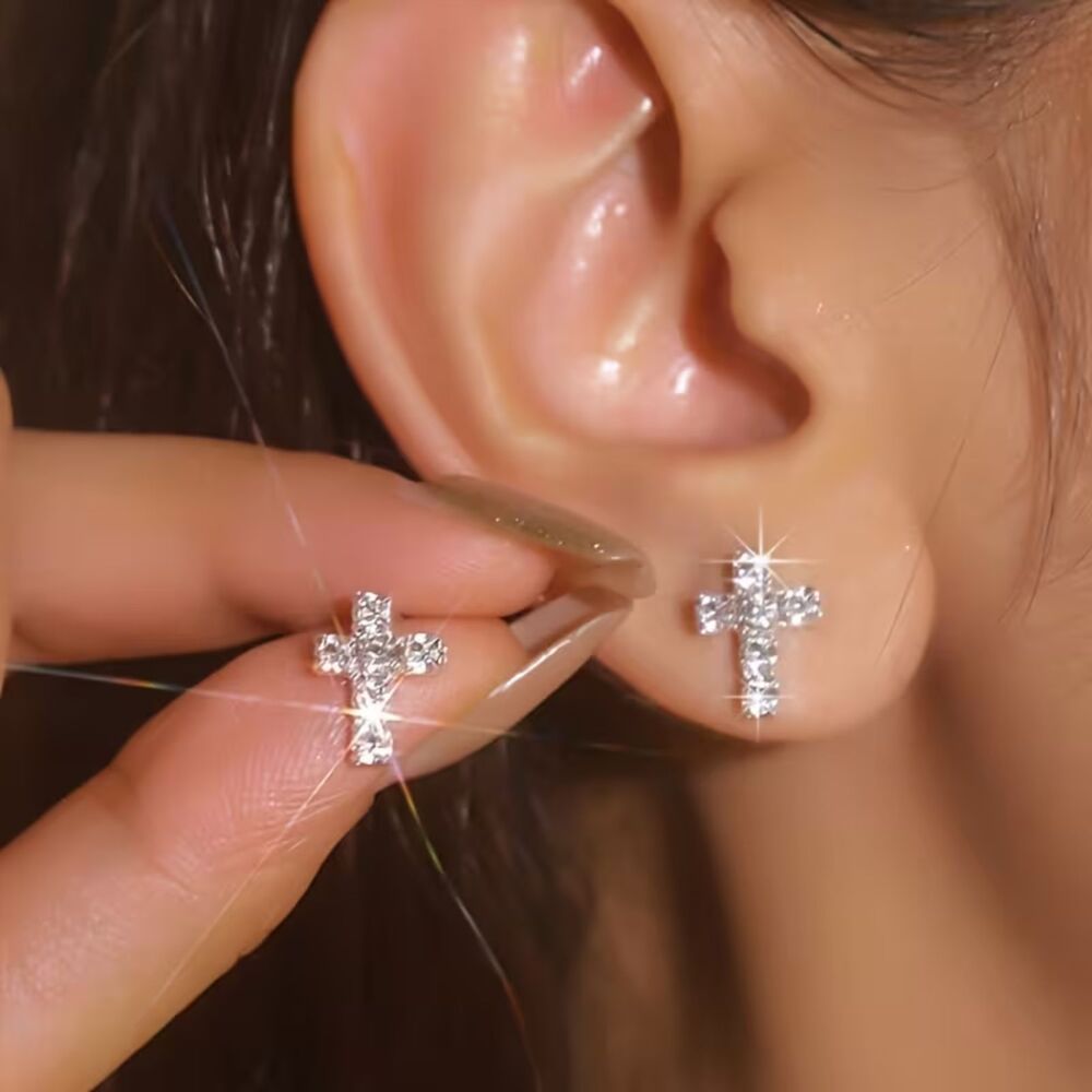 Silver Zirconia Crystal Cross Stud Earrings Post Back Gemstone Religious Simple